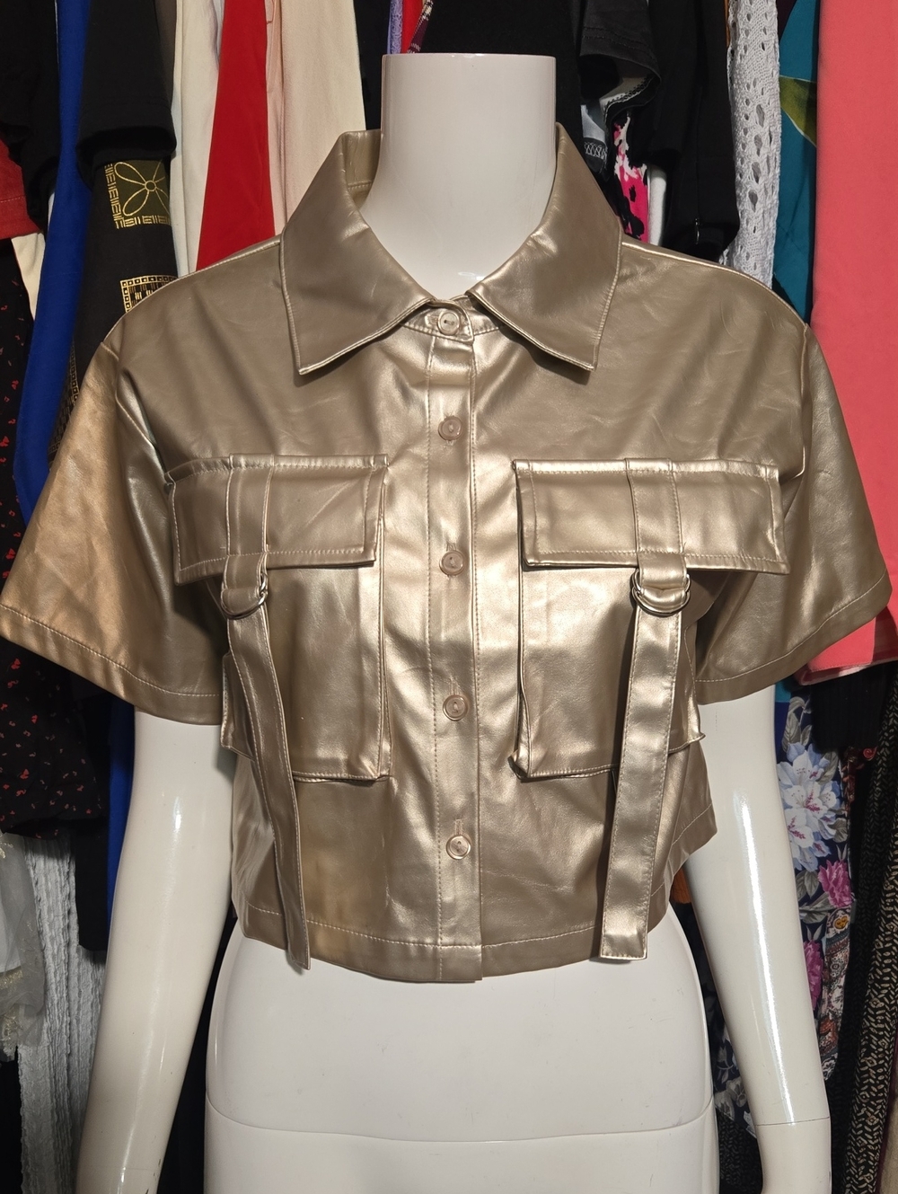 love J Metallic Gold Short-Sleeve Faux Leather Crop Jacket